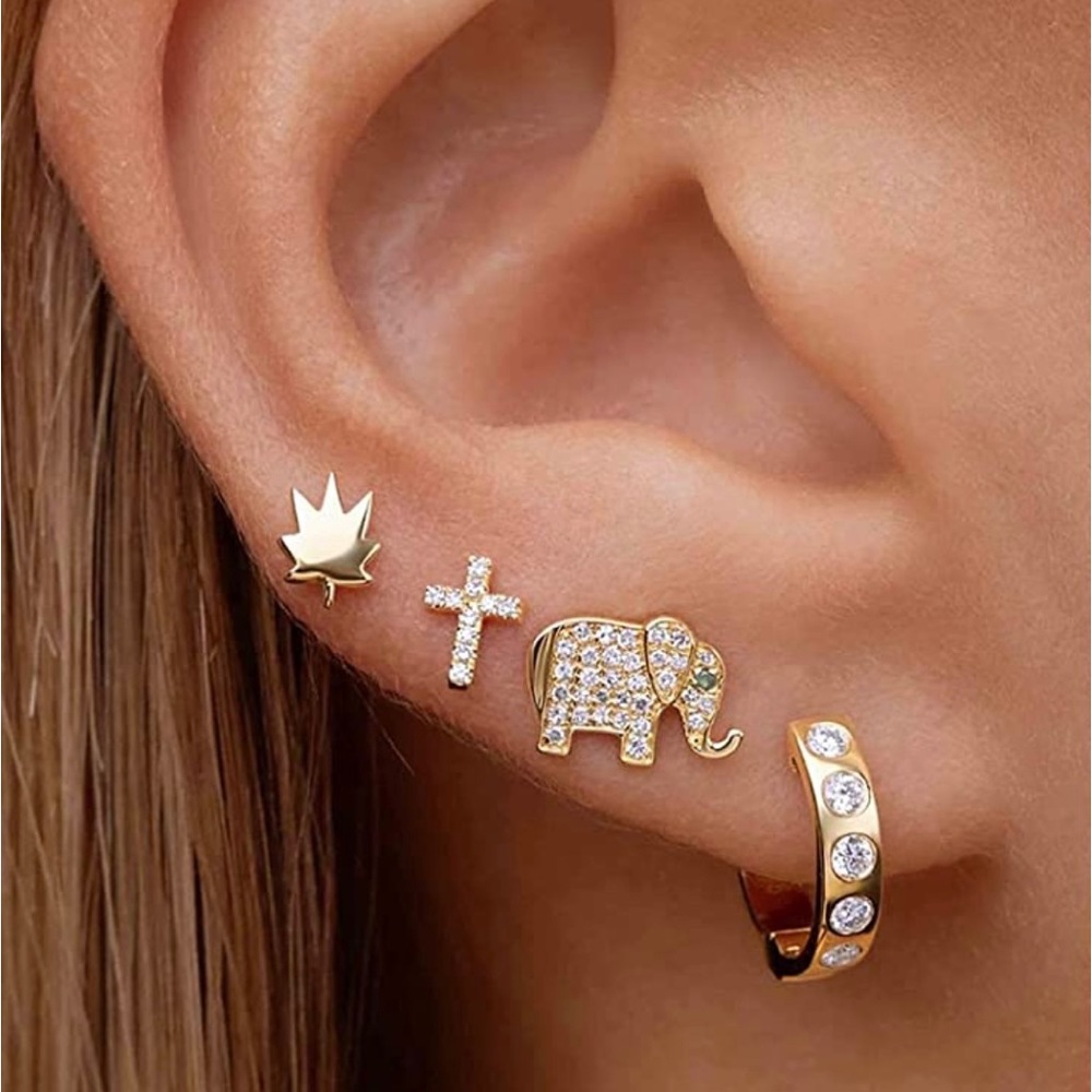 14K Gold Plated CZ Inlay Christian Cross Small Stud Earrings Baby Girl Women New - Picture 12 of 14